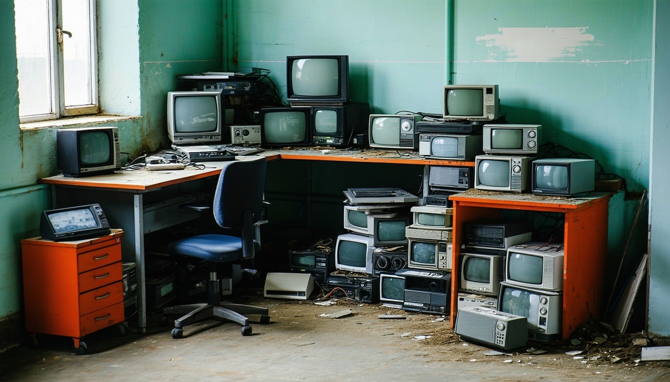 An image depicting old technology sitting in the corner of an office piled up and dusty being forgotten-1